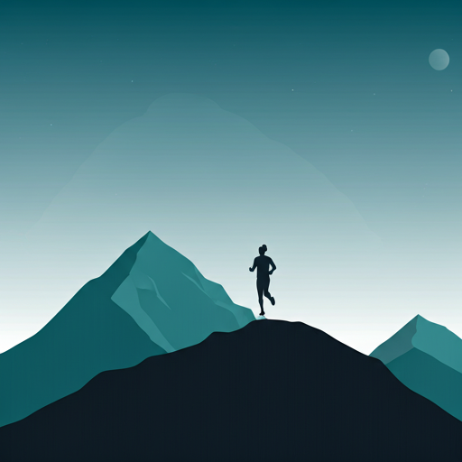 Runner on mountain ridgeline at dusk with deep orange horizon and dark peaks